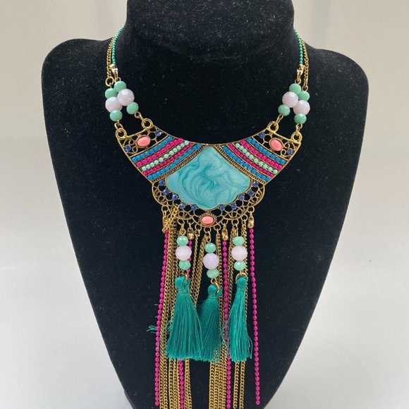 Women Necklace Statement Blue Turqouise/Gold Tone Fashion Jewrlry New - Picture 3 of 11